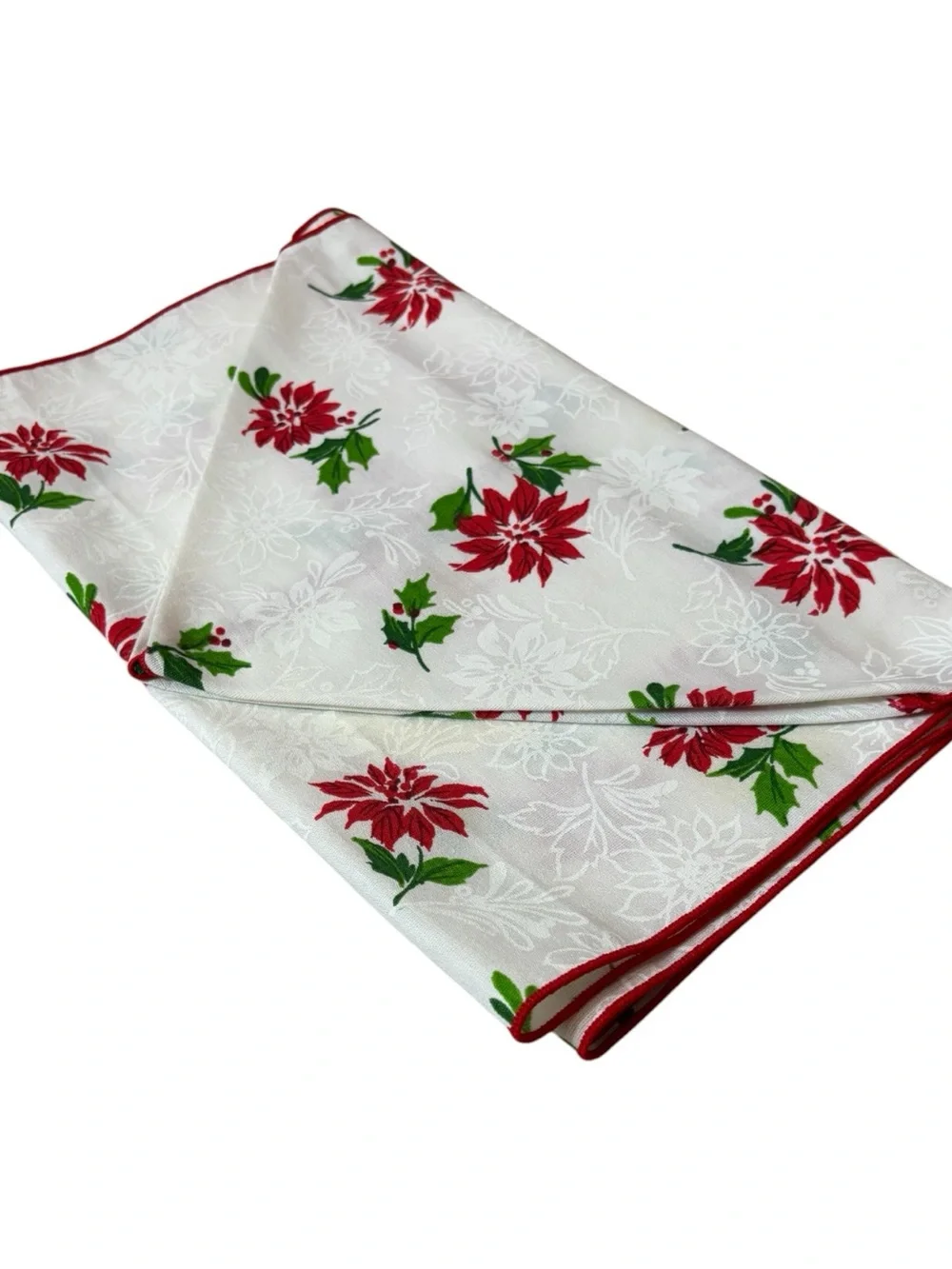 Vintage Christmas Poinsettia Floral Table Runner Dresser Skirt Holly Berries